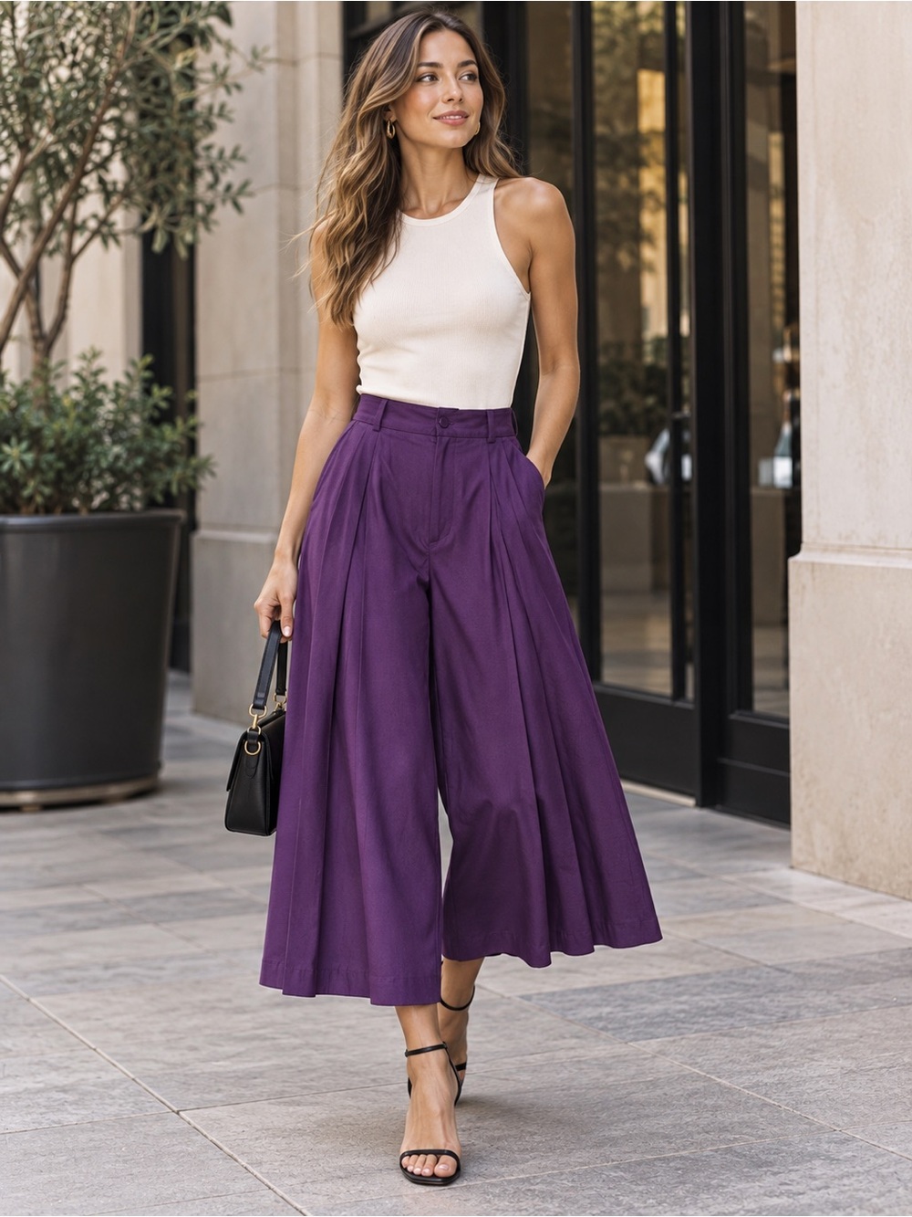 Purple Wide Leg Culottes High Waisted Pleated Palazzo Pants